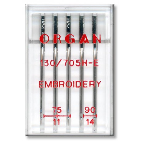 Strojové jehly ORGAN EMBROIDERY 130/705H - ASORT - 5ks/plastová krabička (75:3, 90:2ks)